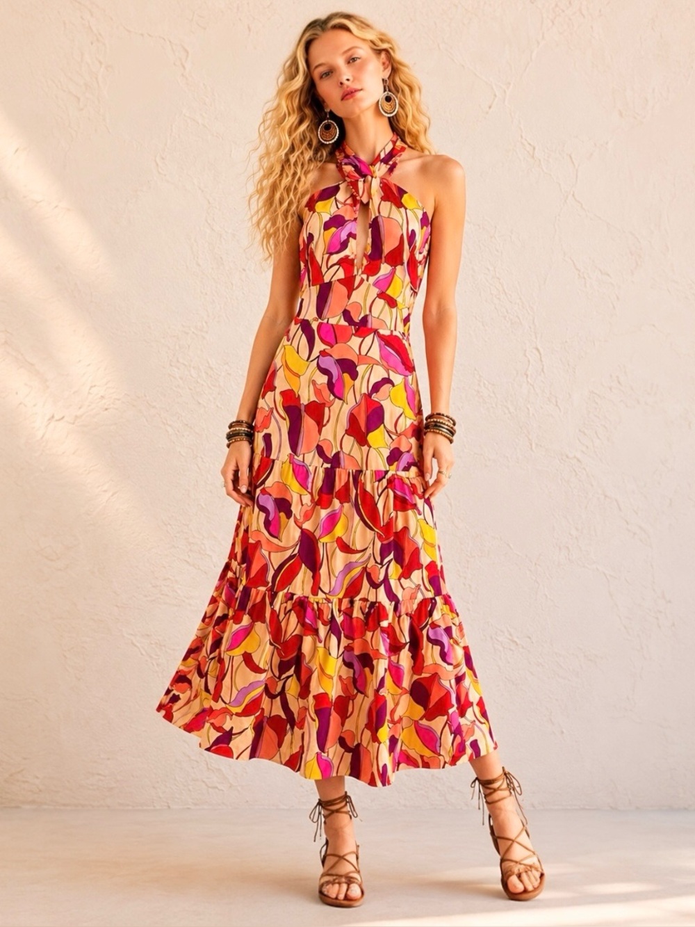 $129 NWT London Times Colorful Abstract Floral Halter Midi Dress Women’s Sz 14P